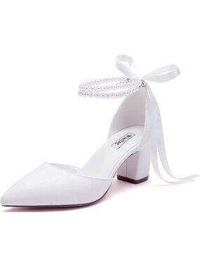 〽️Women's White Bride Block Heel Pointed Toe Imported Leather Shoes